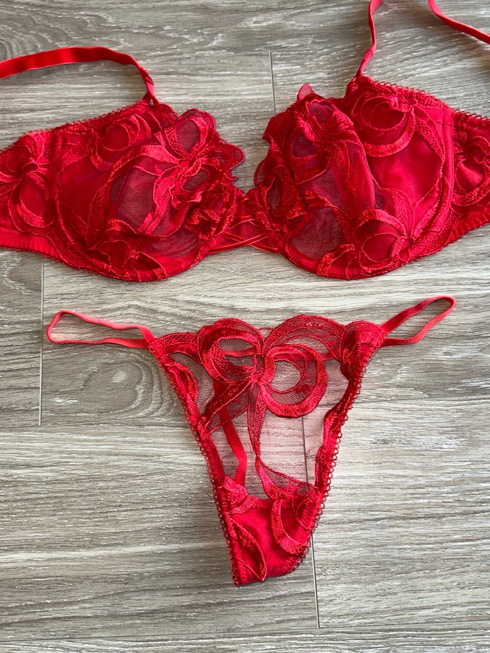 Victoria's Secret Red Lace Underwire Bra & Sheer Thong Set